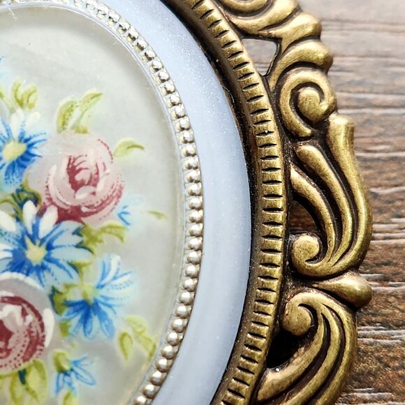 Vintage Victorian Revival Floral Brooch Pink Rose Blue Daisy Ornate Brass 2.25" - Picture 2 of 8
